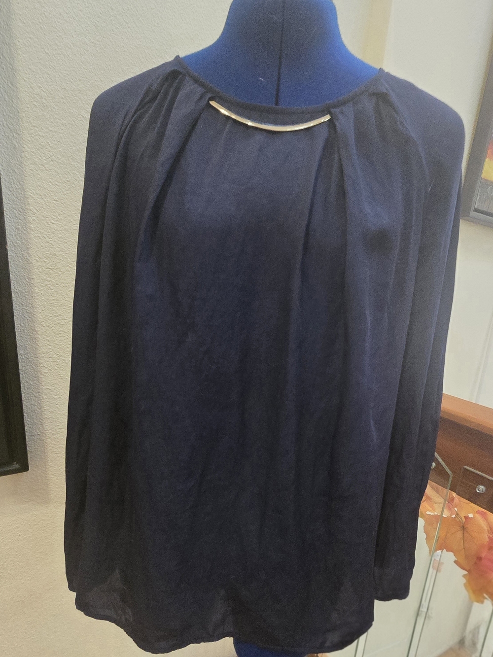 ZARA Basic XL Navy Blue Neck Pleated Long Sleeve Blouse With Gold Metal Bar